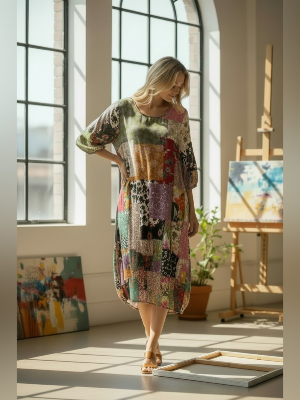 SHANA Patchwork Floral flowy Midi Dress - Multicolor, Large
